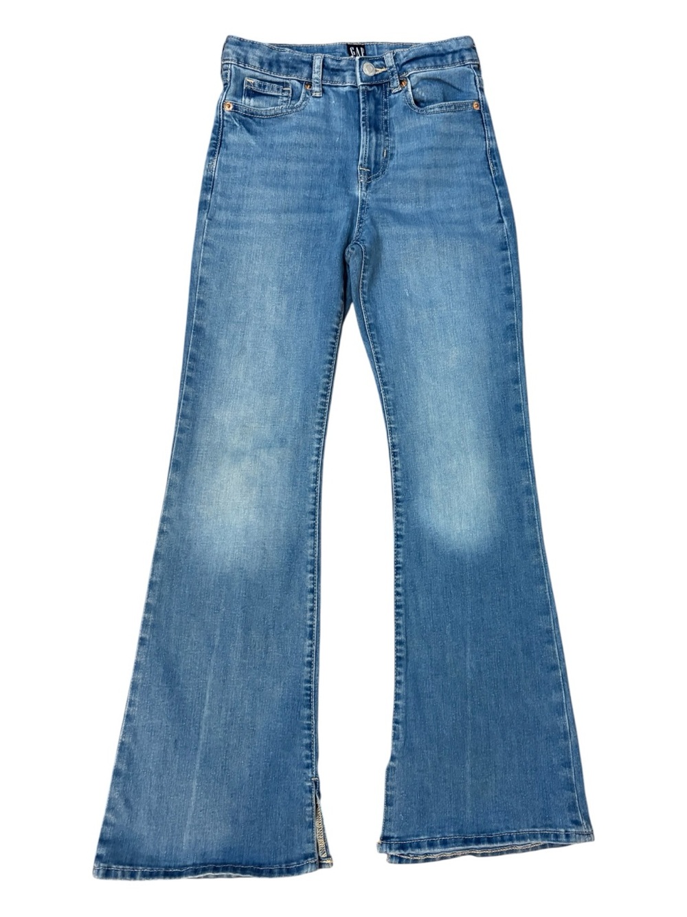 GAP Girls '70s Flare Jeans Size 12 Light Wash Split Hem Adjustable Waist